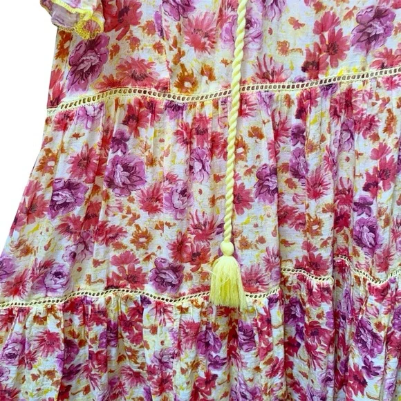 Sundance Fields of Beauty Dress Pink Yellow Tiered Tassel Tie Midi Size Large - Picture 8 of 14